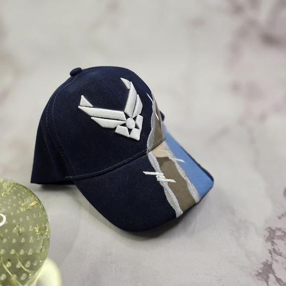 US Air Force Hat Mens Blue Adjustable Strapback Cap Aim High Barbed Wire Stripe - Picture 9 of 10